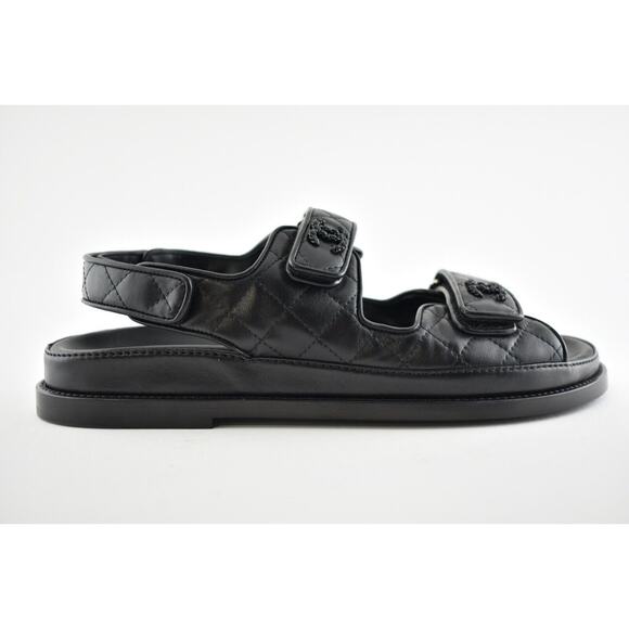 Chanel Black Leather Quilted Chain CC Logo Mule Slide Strap Flat Dad Sandal 39.5 - Picture 2 of 11